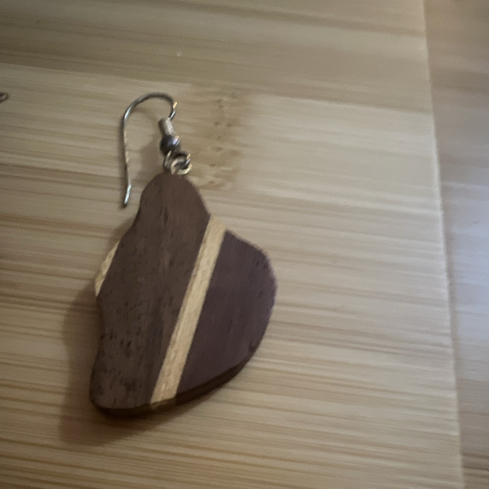 Handcrafted Brown Wood Dangle/Drop Earrings Asymmetrical Stripe Hook Closure