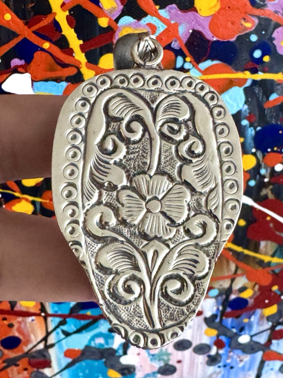 Hand Carved Bone Pendant,Wolf Art,Auspicious Floral Carving,Turquoise & Silver