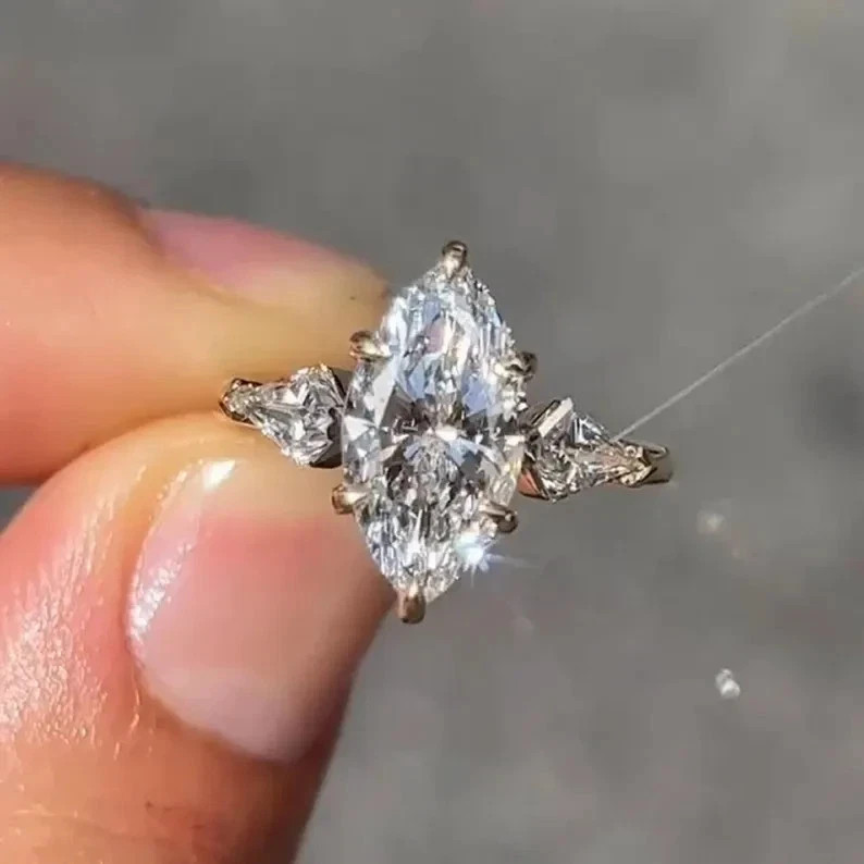 3.20 Ct White Moissanite Marquise Cut 3-Stone Engagement Ring 14K Yellow Gold FN