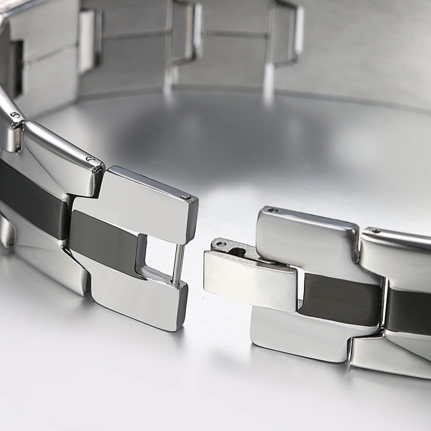 Stainless Steel Black Silver-Tone Religious Cross English Prayer Mens Bracelet