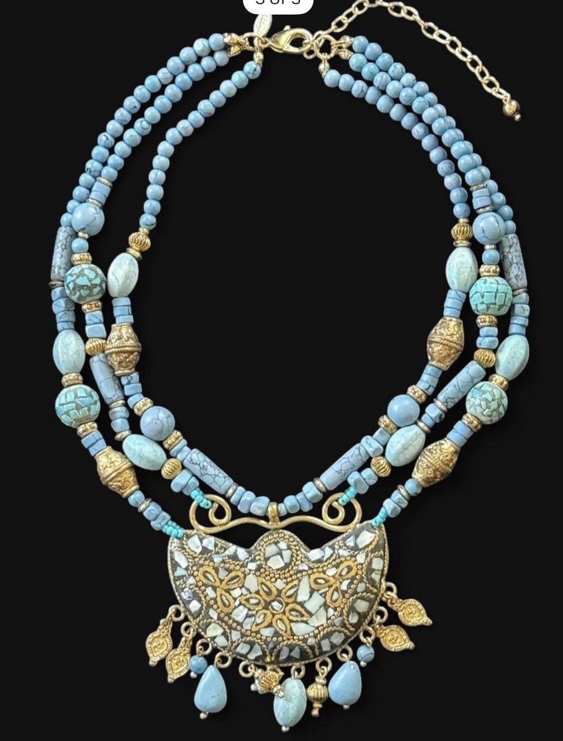 Chico’s Blue Multi Strand Statement Necklace Filigree Pendant Beaded Bib Gold To