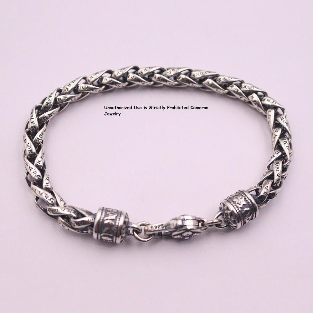 Pure S925 Sterling Silver Chain 6mm Six Words Wheat Link Bracelet 34-35g 7.9inch