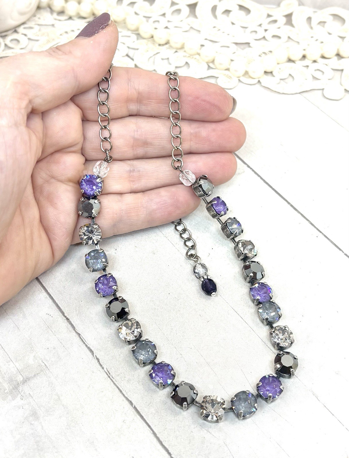 Silver Plated Purple And Gray Cup Chain Tennis Necklace