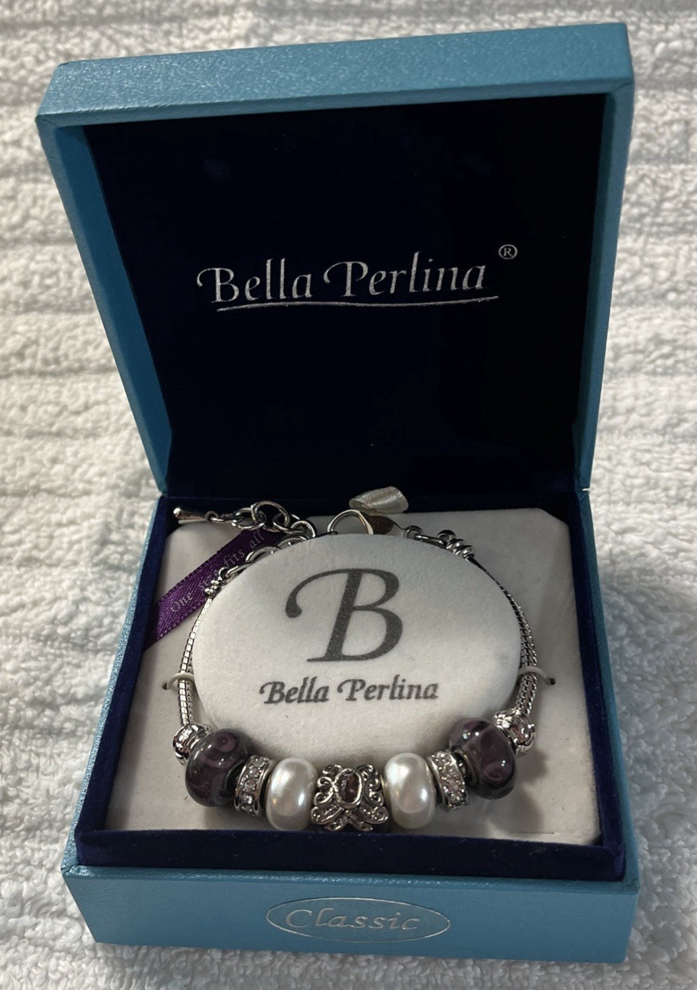 Bella Perlina Charm Bracelet New In Box . Purple Glass Silver tone.