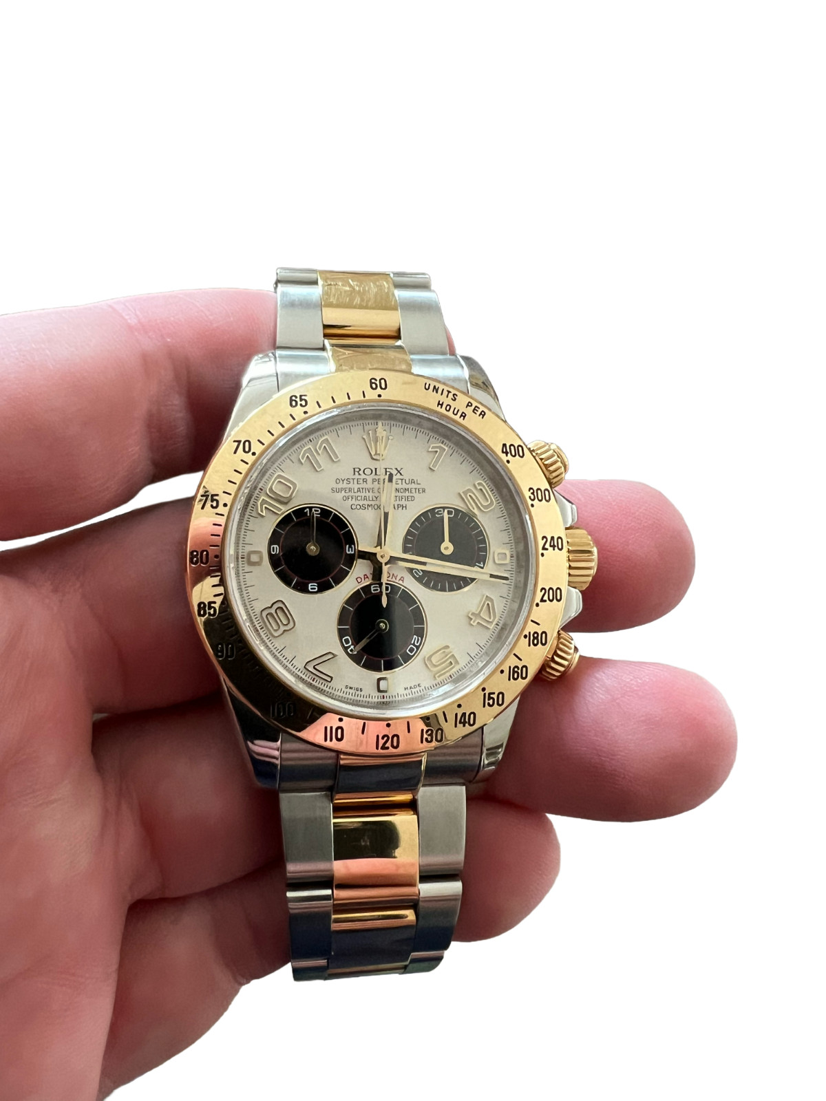 ROLEX 2 tone GOLD DAYTONA COSMOGRAPH White Arabic Dial Chronograph 116523 40MM