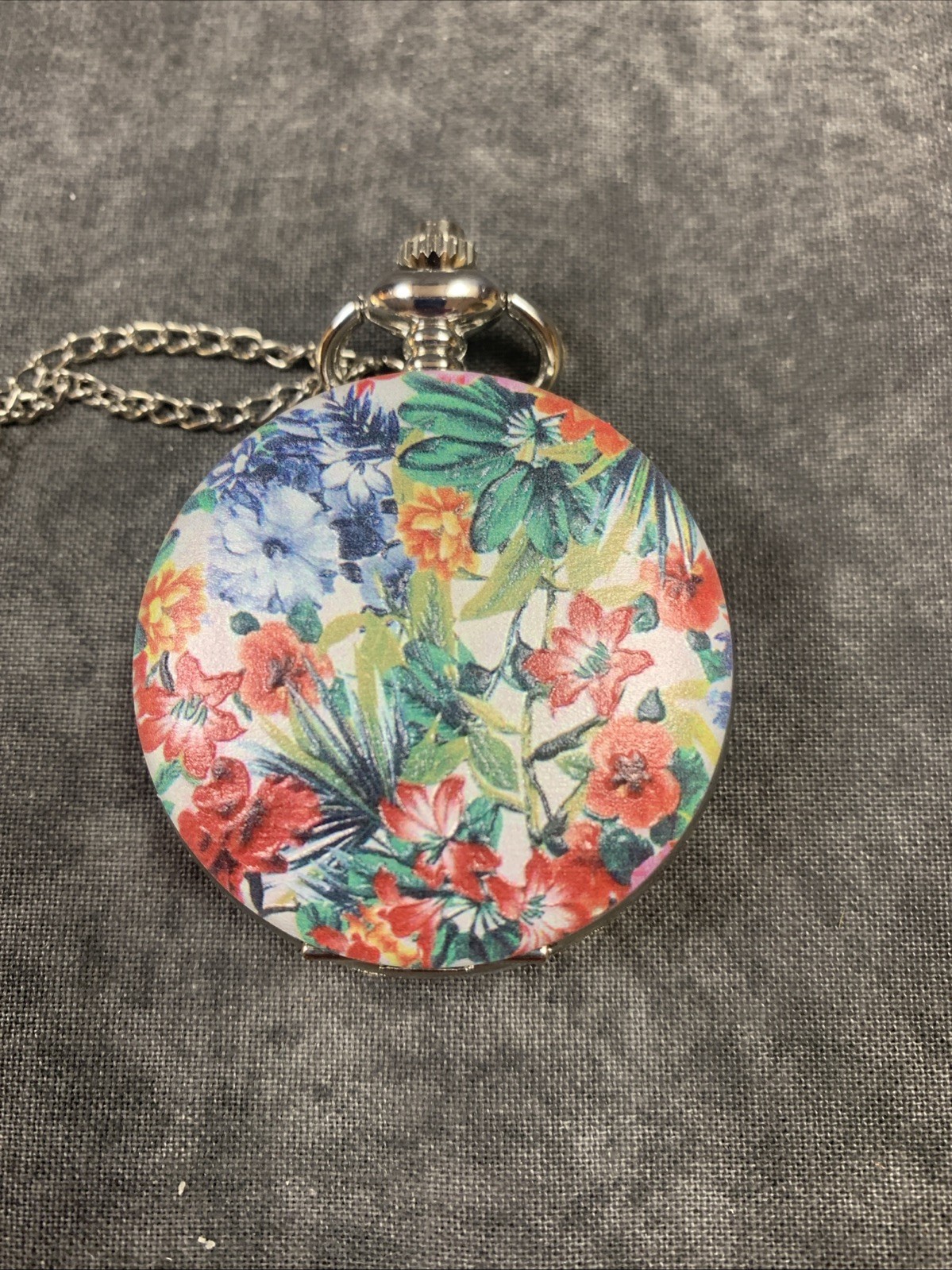 Strada Pocket Watch Necklace Silver Case & 26” Necklace Floral Painted Top W/Box