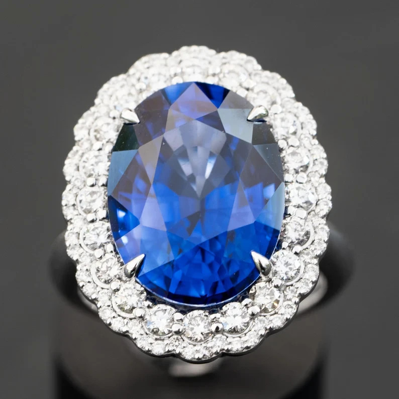 5.00 Ct Oval Natural Sapphire & Diamond Engagement Ring 14K White Gold Size 8