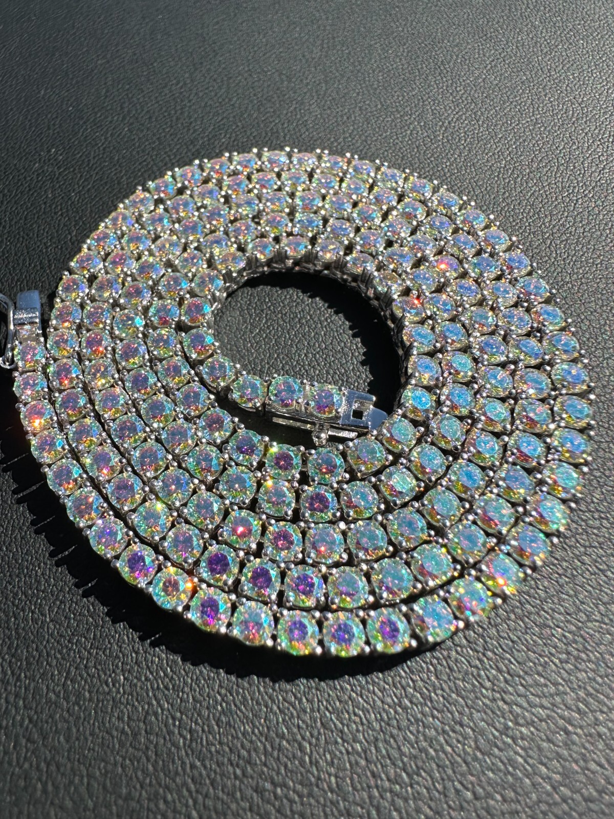 Real Opal Rainbow MOISSANITE 3mm Tennis Chain 925 Silver Iced Necklace Pass Test