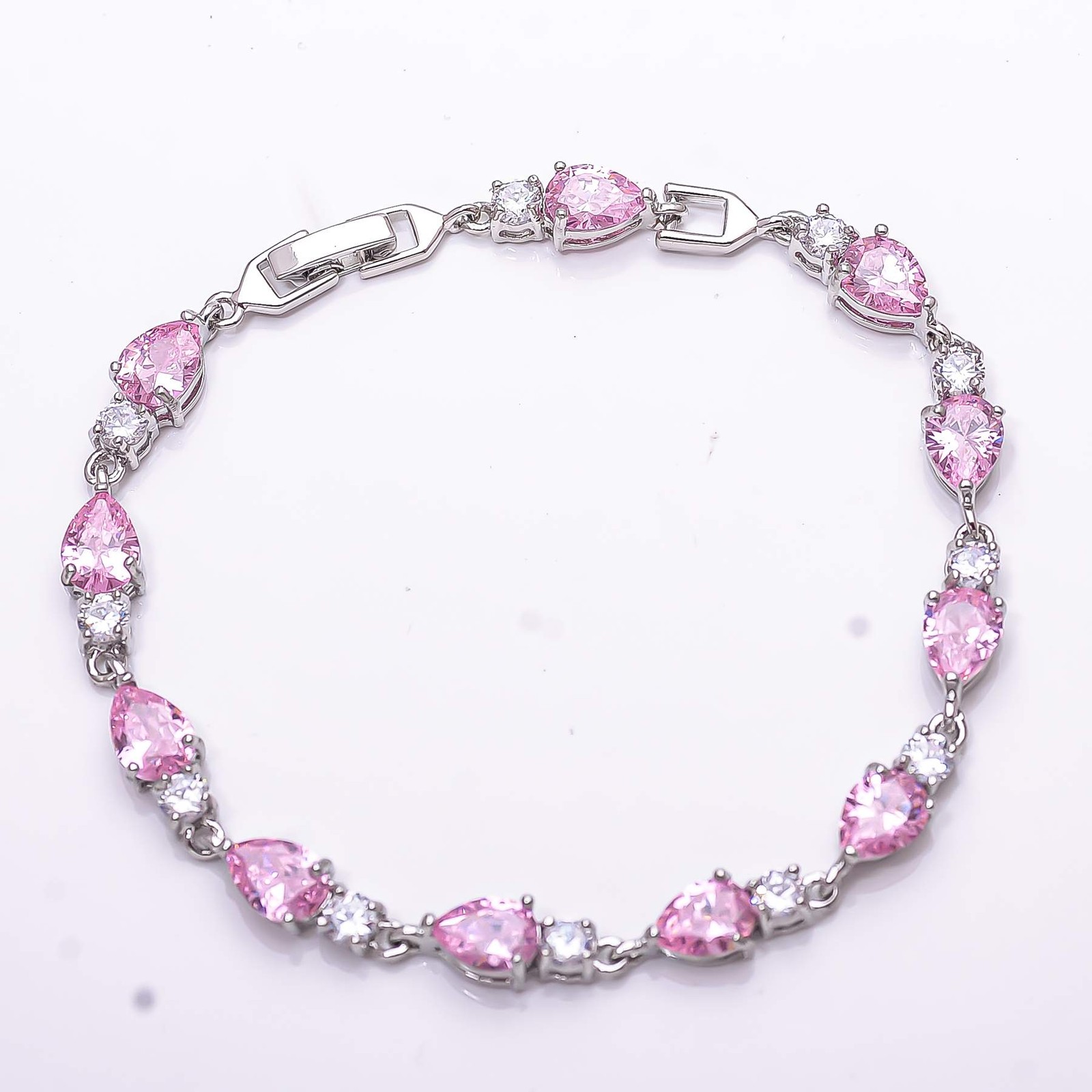 Pink Sapphire & CZ Simulated 925 Sterling Silver Tennis Bracelet 7.99″ B4