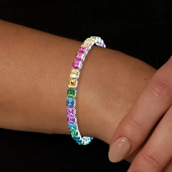 15Ct Asscher Cut Paved Lab Created Rainbow Womens Bracelet 14K White Gold Plated