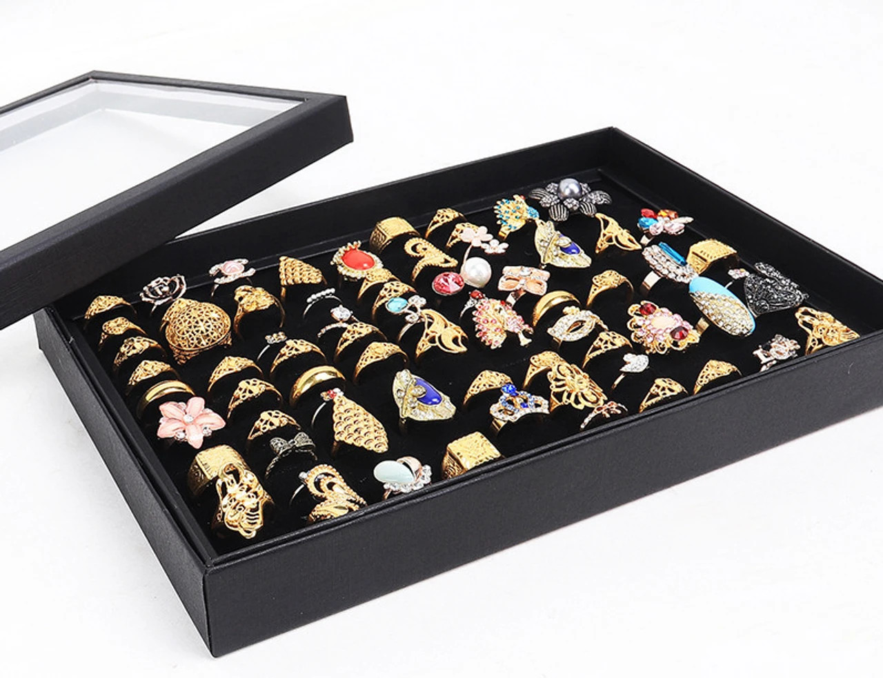 Jewelry Ring Display Organizer 100-Slots Tray Holder Earrings Black Box Case