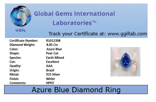 Stunning Pear Cut 8.85 Ct Certified Azure Blue Diamond RingFREE Diamond Studs