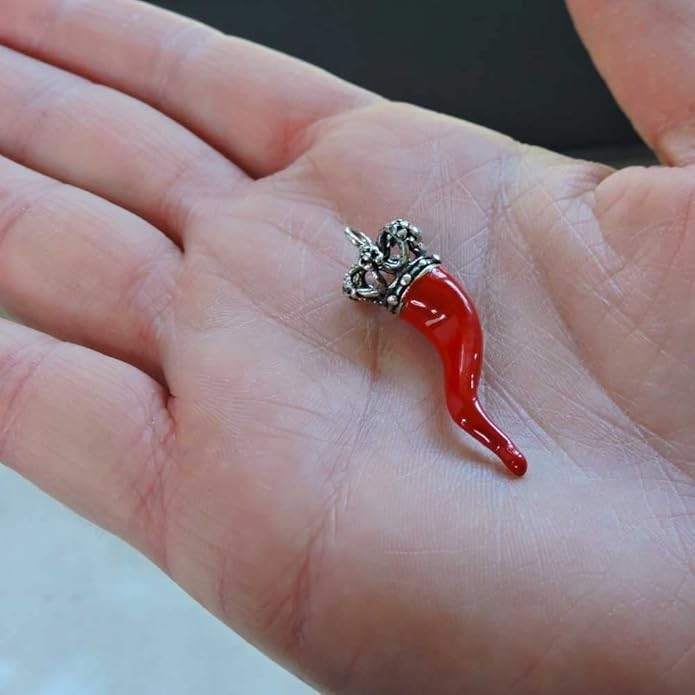 Red Cornicello Crown Pendant 800 Silver Neapolitan Lucky Horn Made in Italy
