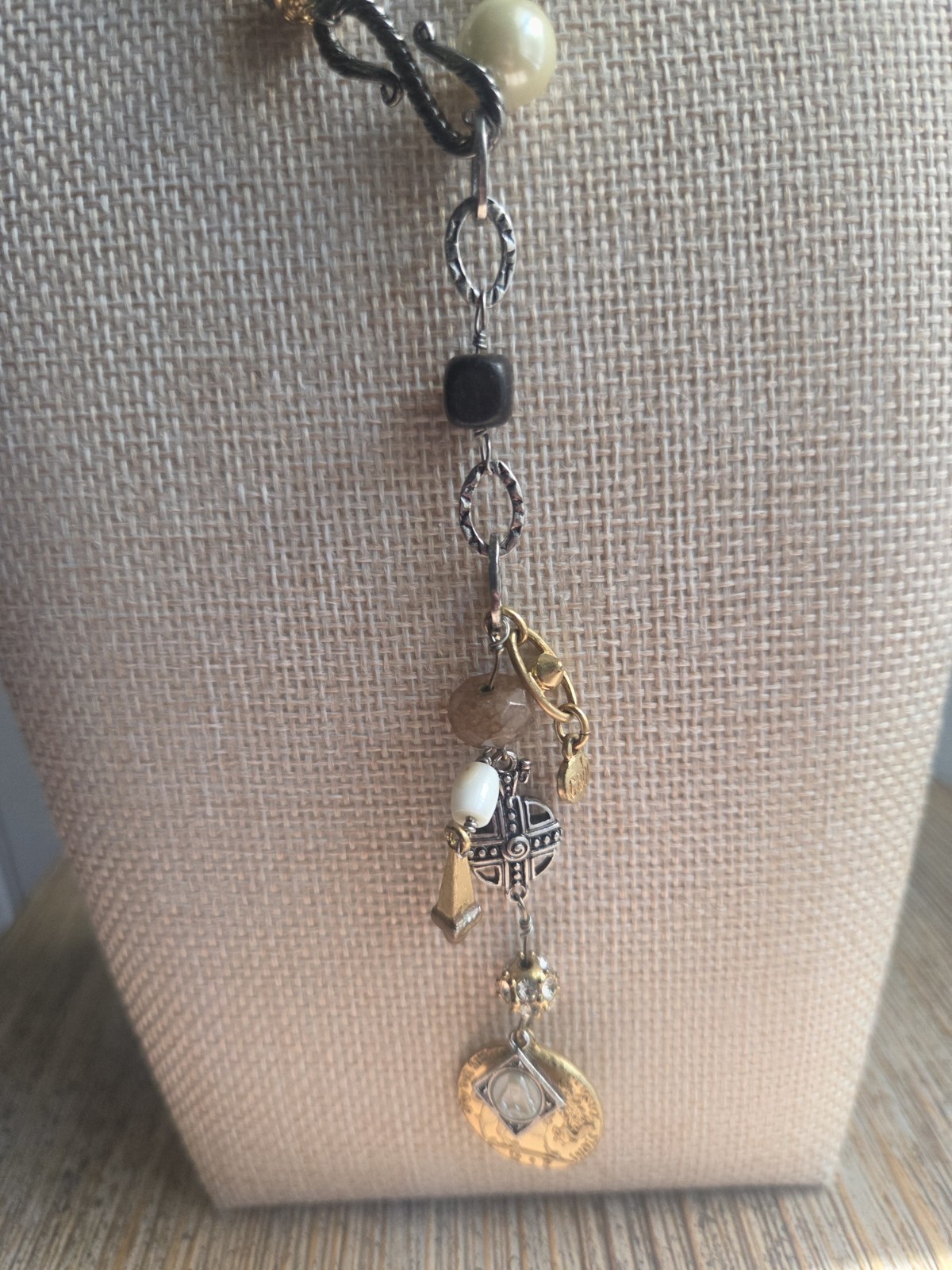 Cabi #2147 Treasure Necklace Mixed Media Pearls Charms Gold Silver Boho Chic