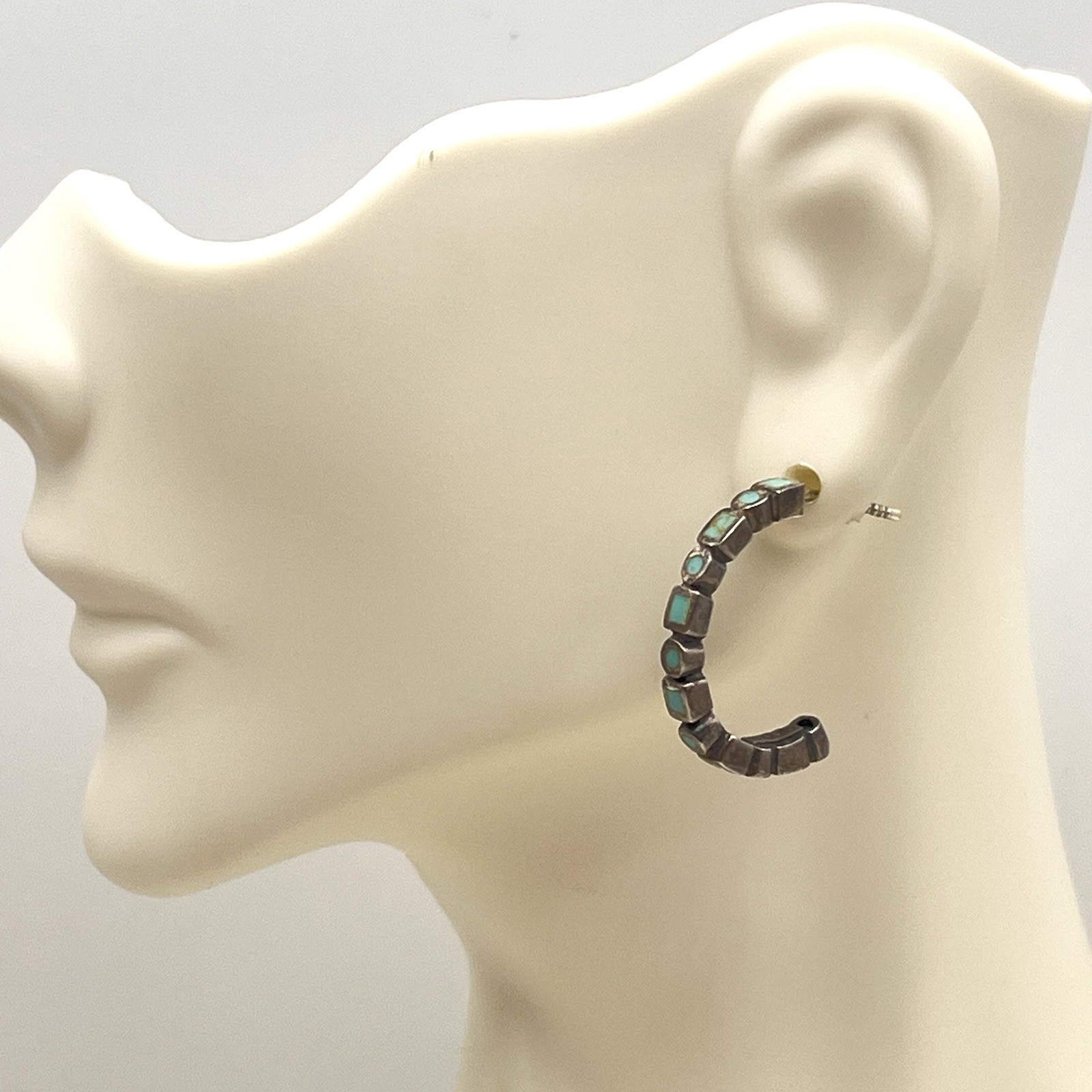 Vintage Sterling Silver Earrings Turquoise Inlay Half Hoops Stamped SE 925 1″
