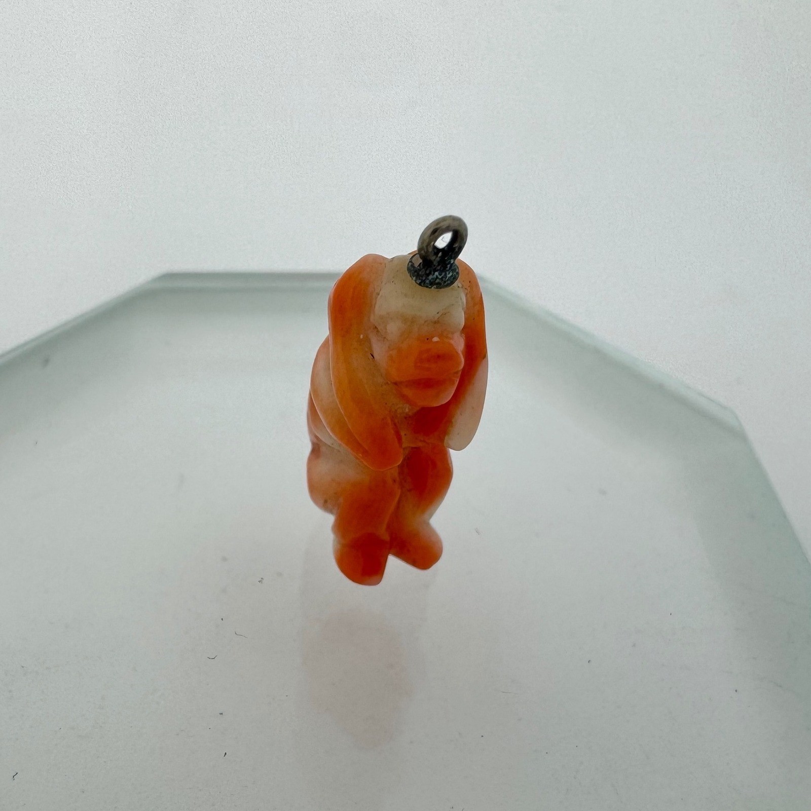 Antique Carved Coral Hear No Evil Monkey Charm Pendant Orange White 17mm