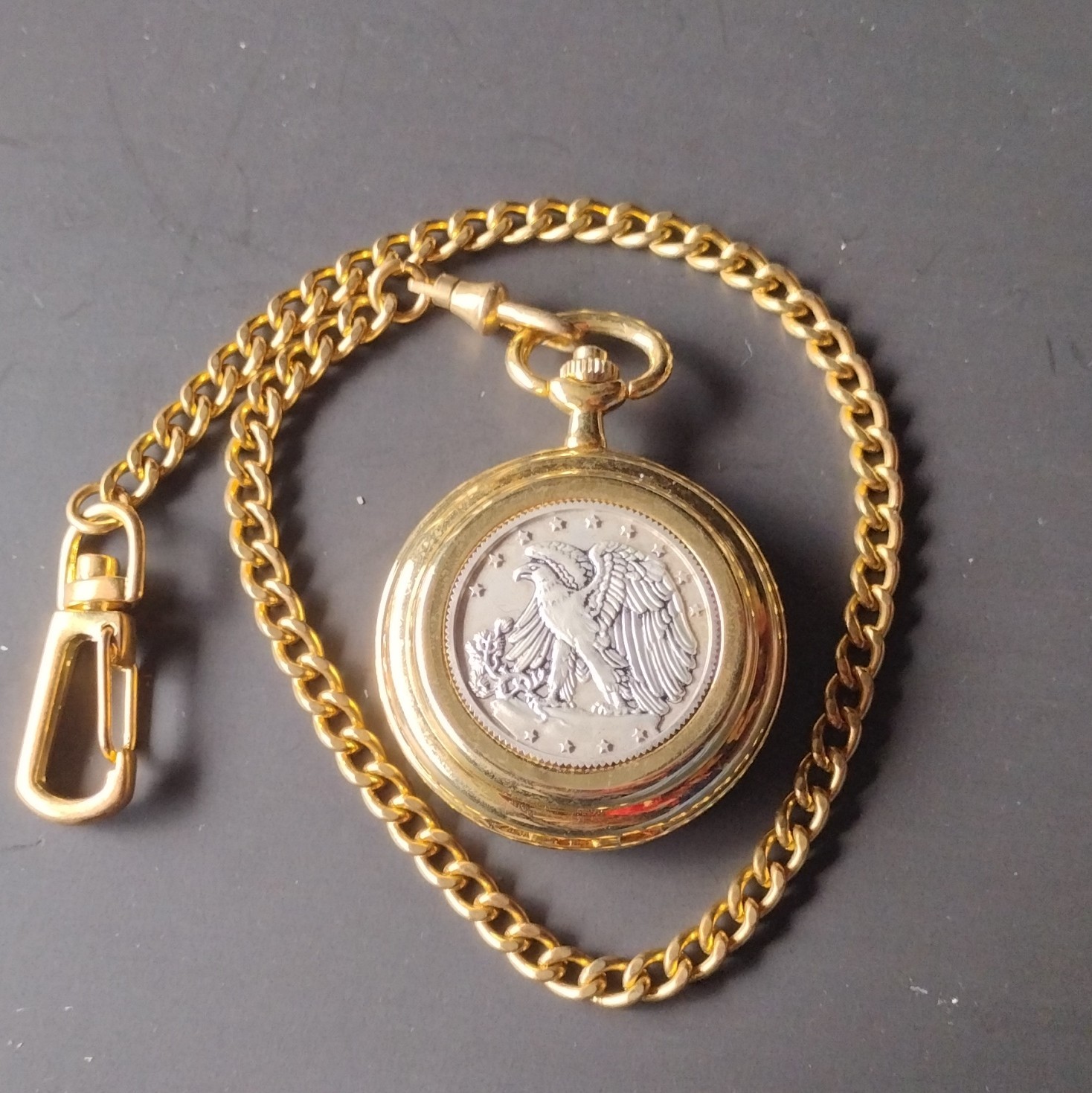 Majestron Quartz Full Hunter Pocket Watch Eagle USA Flag Gold Tone w/ Chain