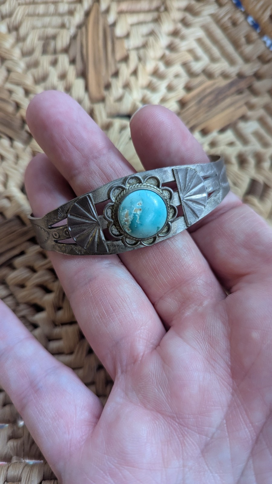 Vtg Fred Harvey Era Sterling Silver Native Turquoise Cuff 7″