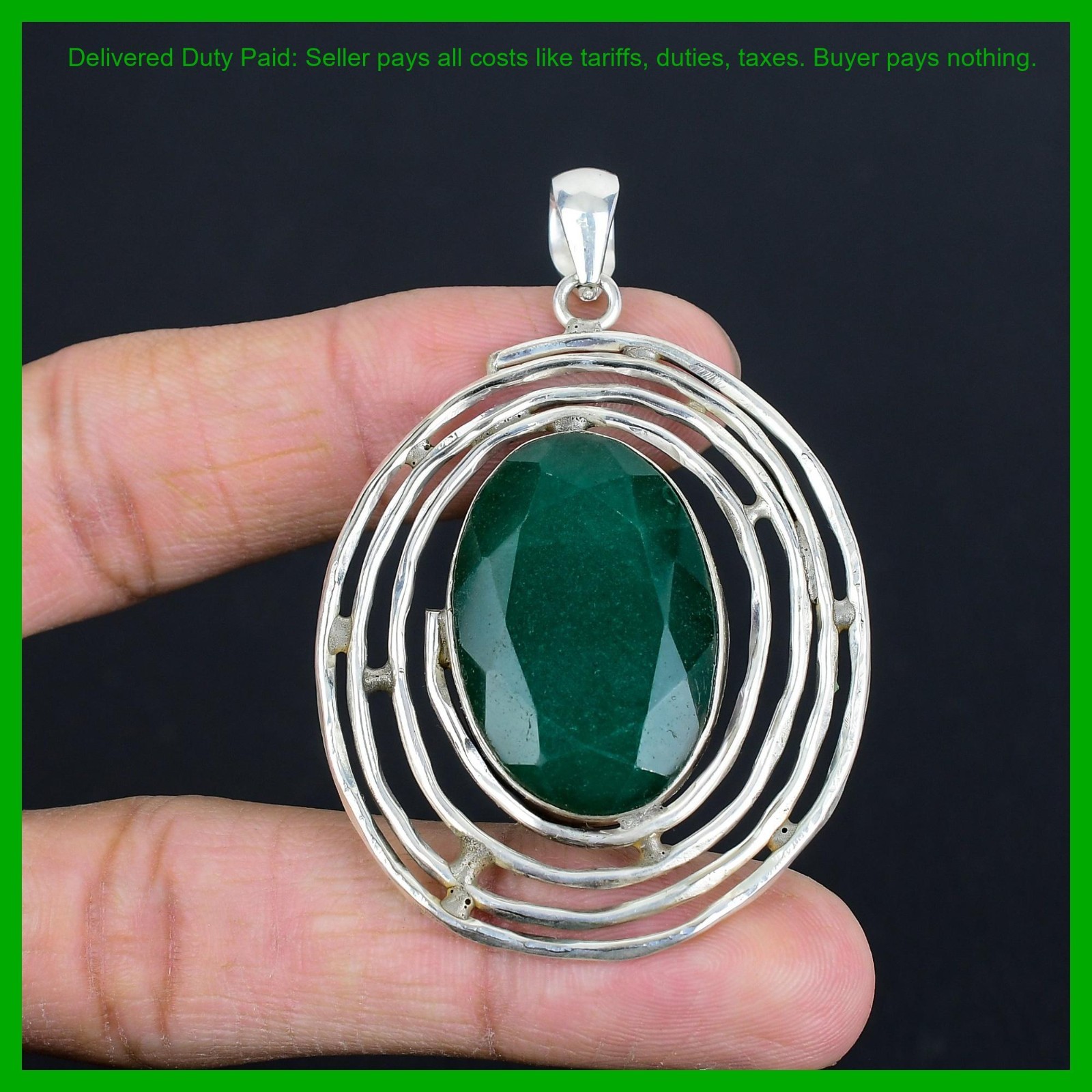 Valentines Sale Oval Natural Zambian Emrald Handcrafted Pendant Sterling Silver