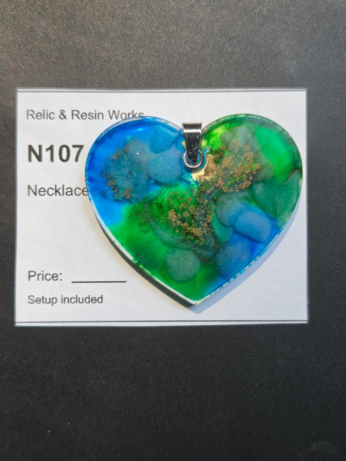 Holographic Nebula Heart Pendant Necklace Blue Green Gold OOAK N107