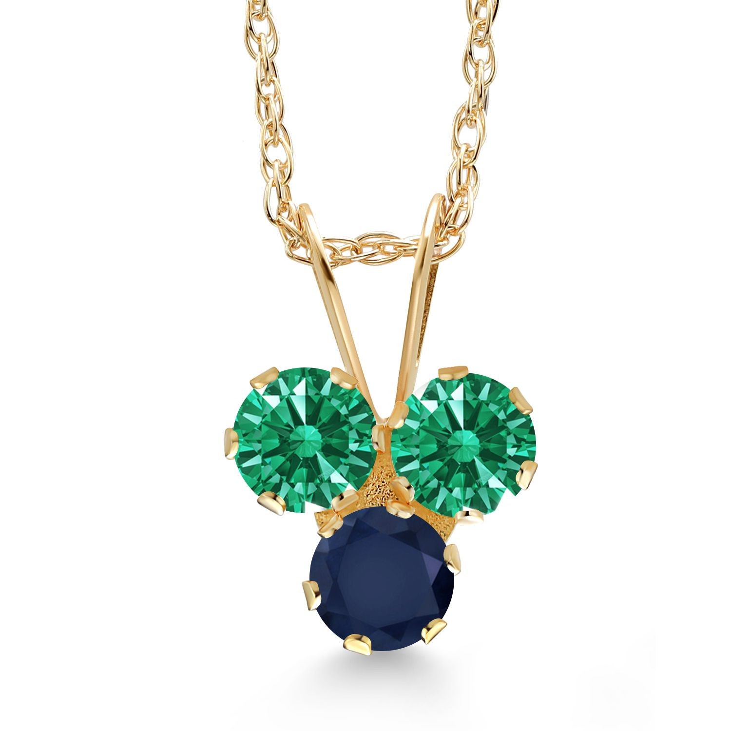 14K Yellow Gold Green Zirconia and Sapphire 3-Stone Pendant Necklace For Women
