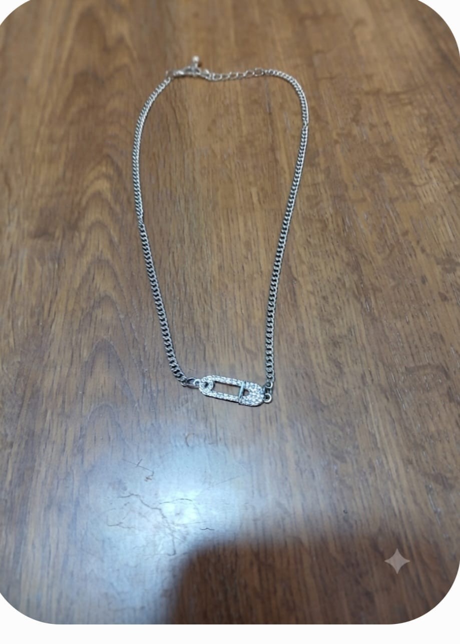 Sparkly Safety Pin Charm Bracelet Silver Curb Link Chain Layering Cuff Jewelry