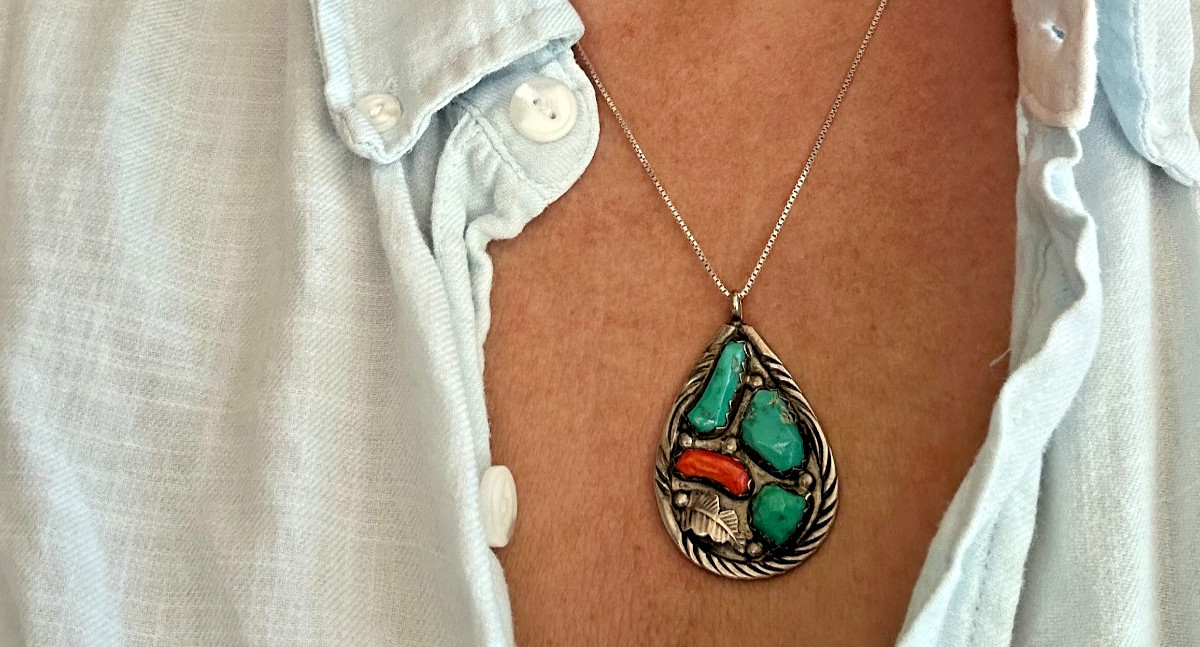 Vintage Cheama Zuni Sterling Silver Turquoise Red Coral Pendant 925 10.4 grams