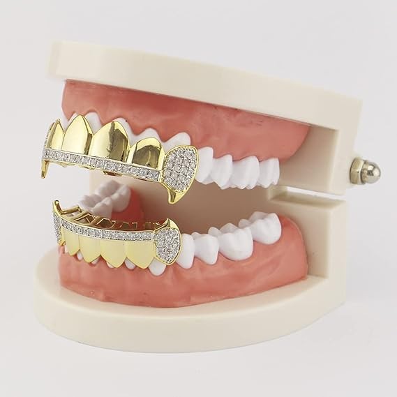14K GP HipHop Teeth Dental Caps Grillz Top&Bottom Grills Set W/ Wax Real CZ