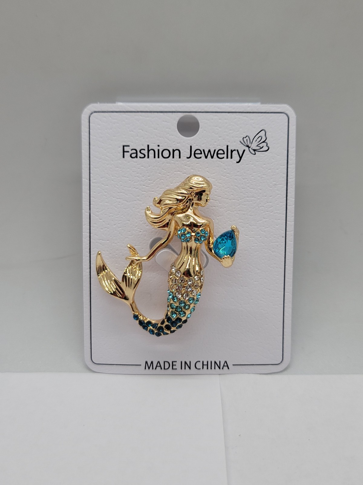 Gold-Tone Mermaid Brooch with Blue Gem – Rhinestone Tail & Top – Ocean Fantasy