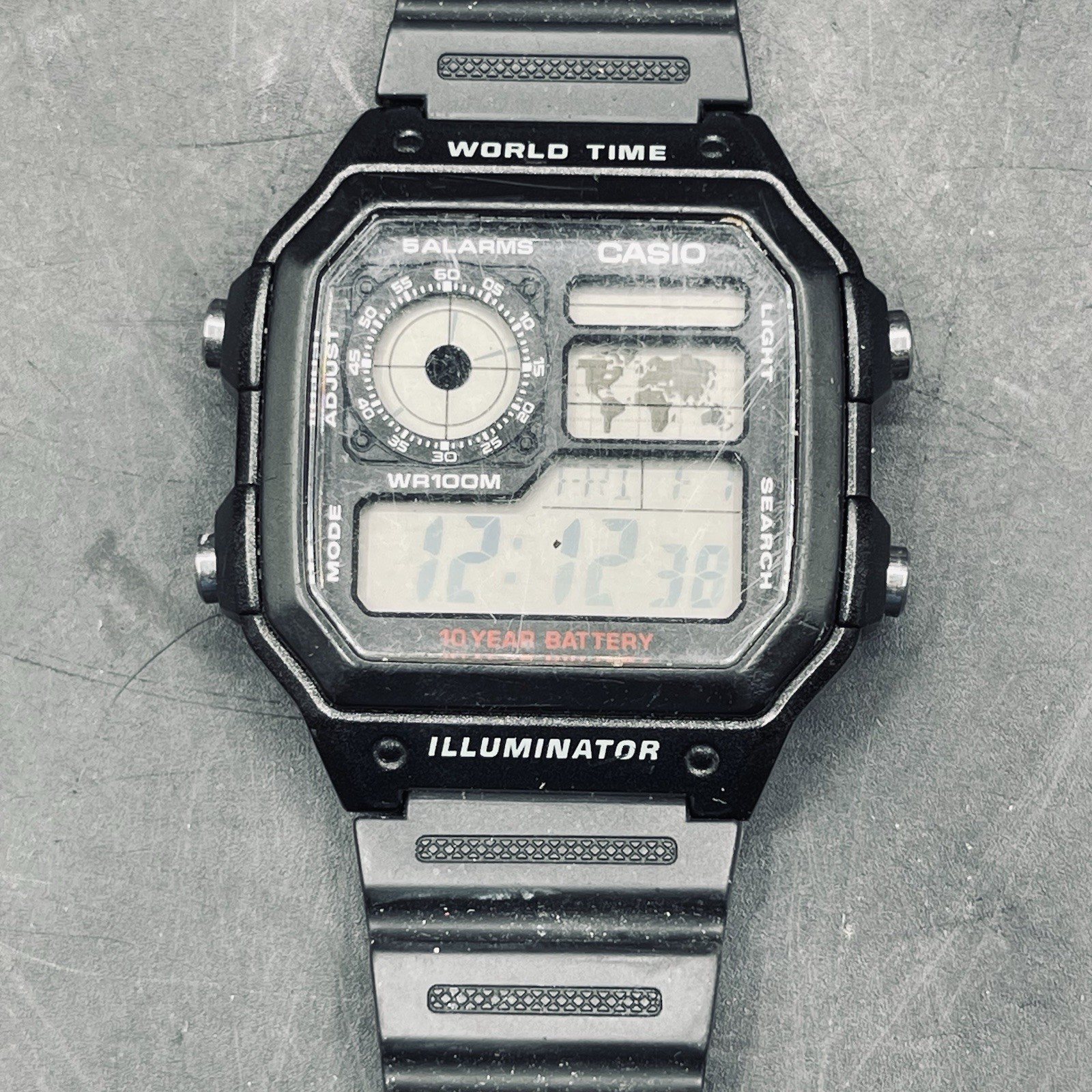 Casio Mens Watch 40mm Black Grey Digital World Time Illuminator 3299 AE-1200WH