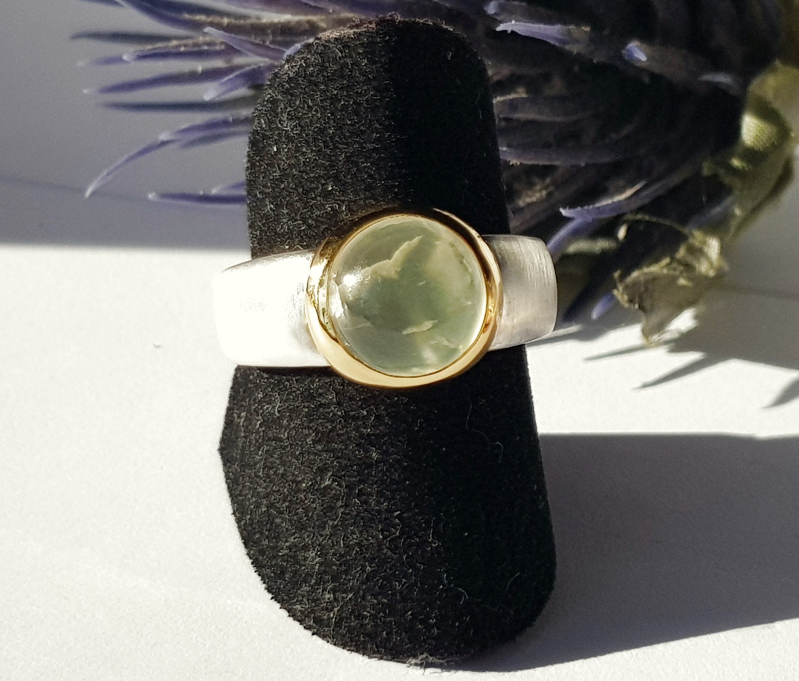 JEWELRY LOT Prehnite Yellow Green Ring Silver Caboch 18.5 58 Gold Plated Frosted Round