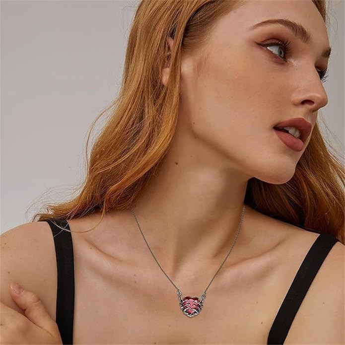 Gothic Bone Hands Heart Pendant Necklace Dark Fantasy Women Jewelry