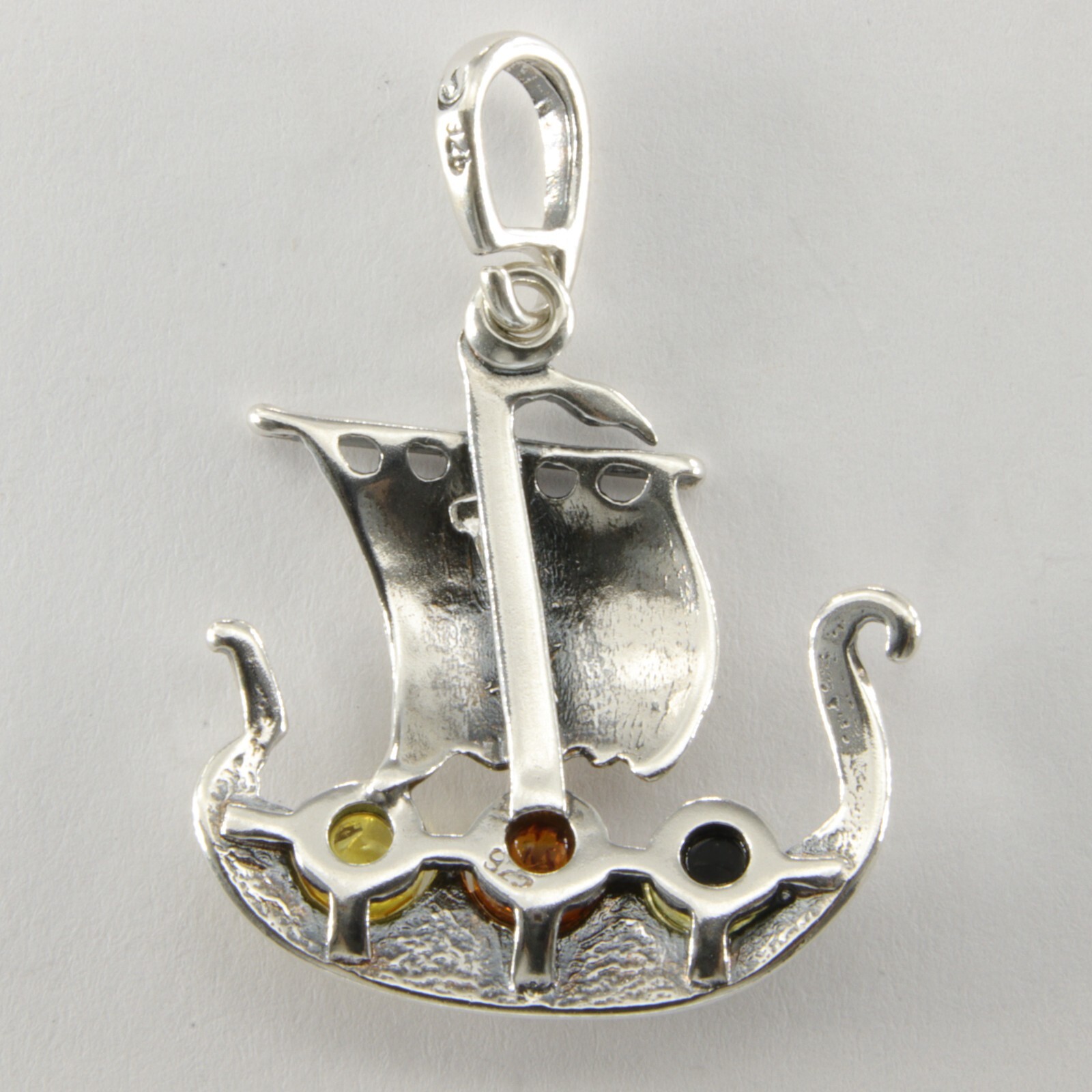Multi-Color BALTIC AMBER Viking Ship Pendant 925 STERLING SILVER Poland #4002e