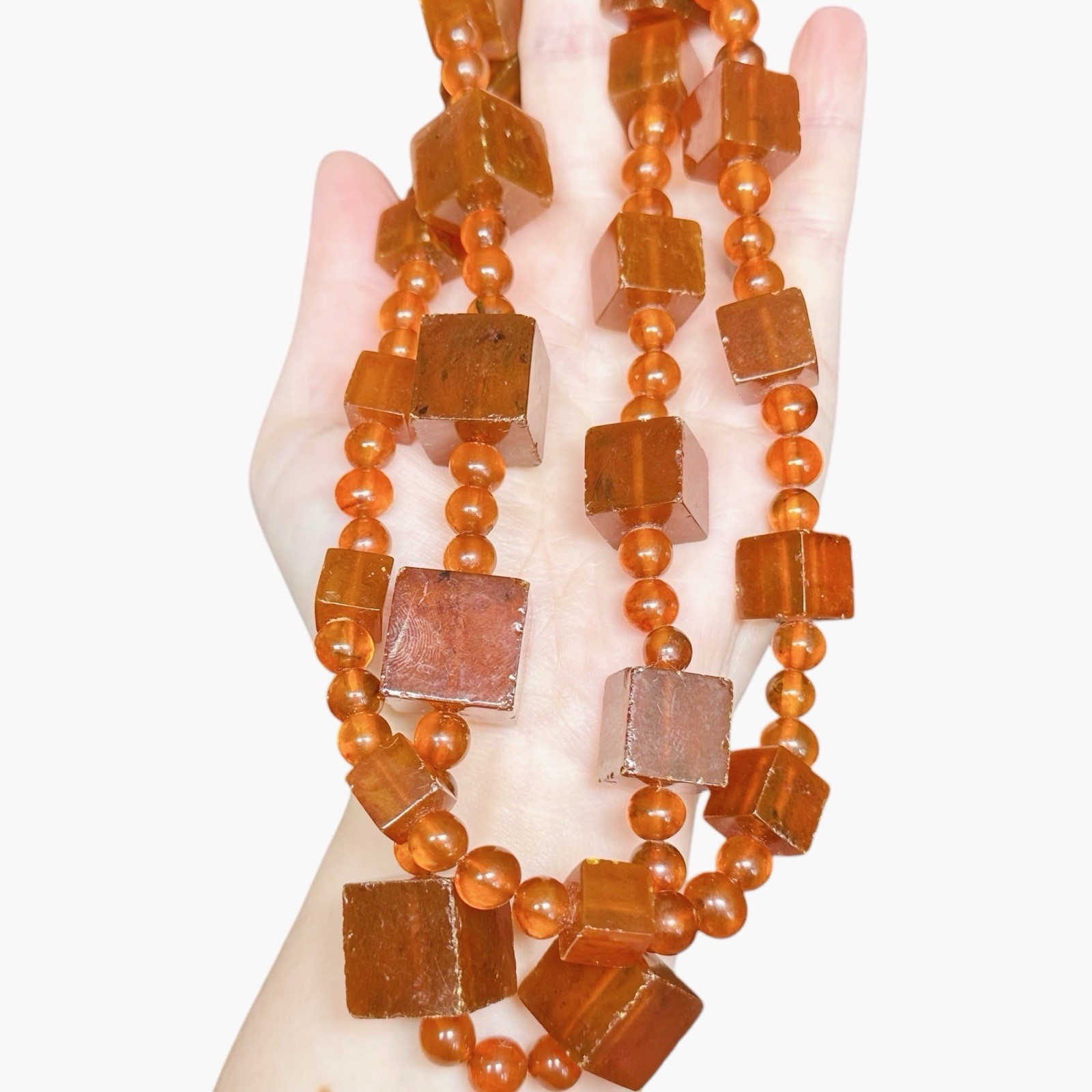 Chunky Square Cubes Raw Baltic Amber Beaded Graduated Necklace 32” Cognac 93 g