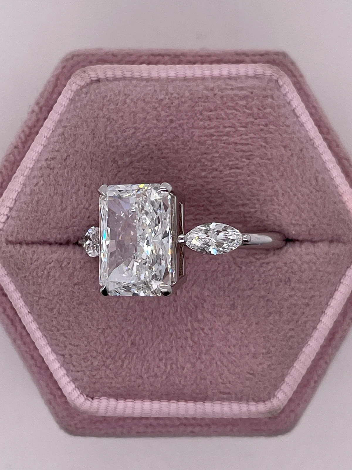Lab Grown 4.50 Carat E Color VVS2 Clarity Radiant Cut Three Stone Diamond Ring