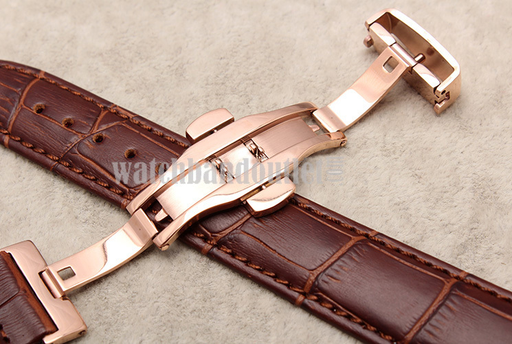 Brown Genuine Leather Watch Band+Push Button Butterfly Deployant Clasp Buckle