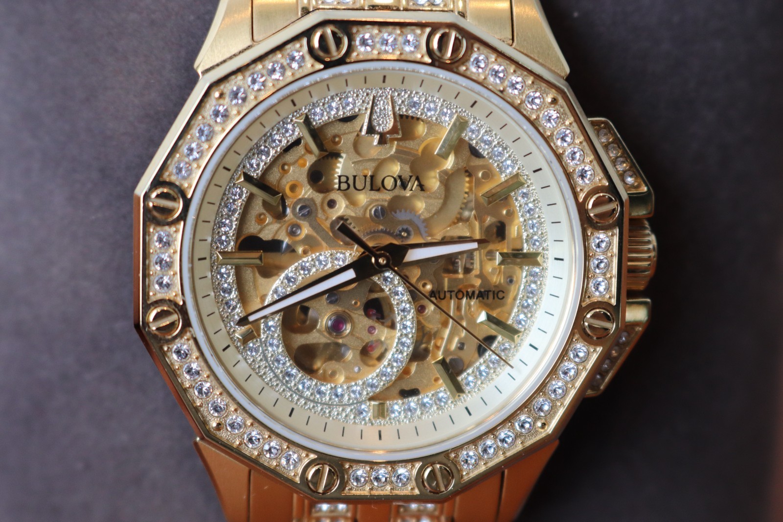 Bulova Octava Automatic Gold Tone Stainless St. Crystal Accent Men Watch 98A292