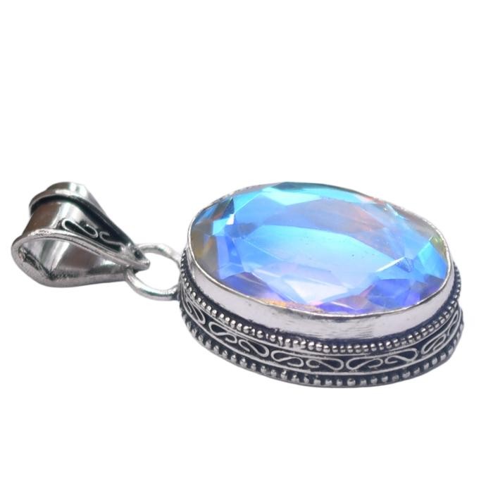 Mystic Topaz Hydro Gemstone Antique Silver Plated Pendant 2″ J 2135