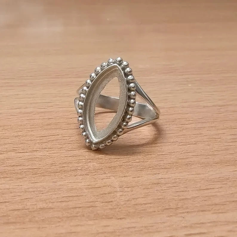 925 Sterling Silver 8x16mm Marquise Bezel Ring Blank Beaded Band DIY Jewelry