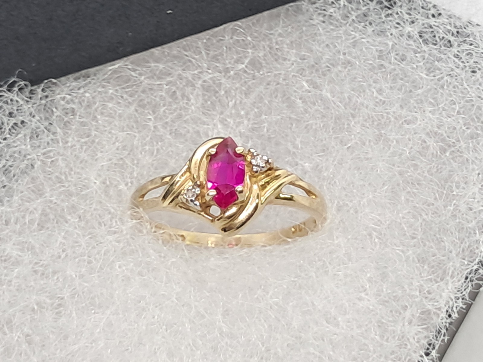 Dainty Victorian Style Marquise Ruby Ring 10K Solid Yellow Gold Natural Diamonds