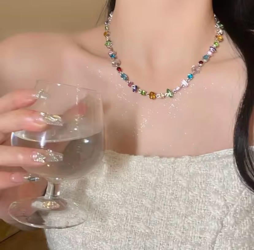“Rainbow Crystal Necklace Bracelet Earrings Set Silver-Tone Statement Jewelry”