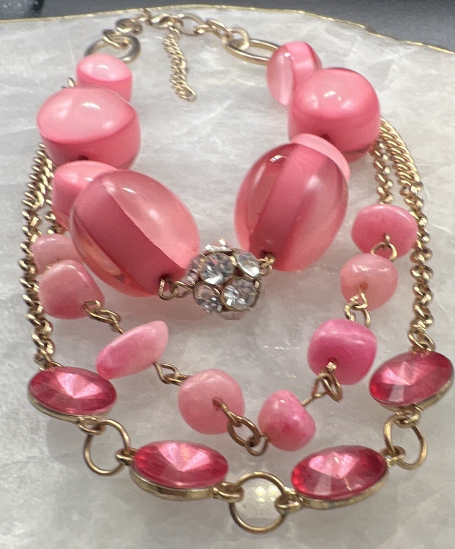 Pink Multi-Strand Beaded Cable Chain Necklace, Clear Crystal Pavé, Gold Tone
