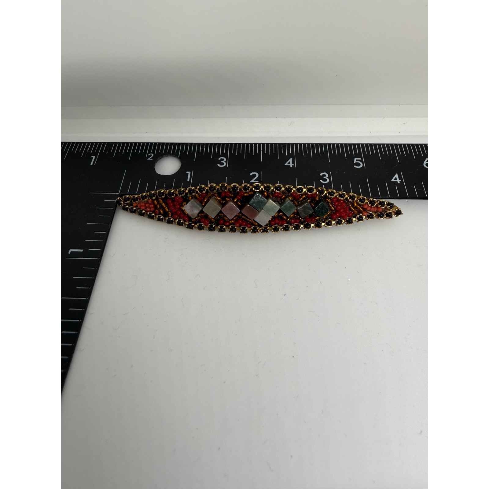 VINTAGE Hickham 1999 Hand Beaded Natural Stone Brooch Artisan Seed Bead Pin Boho
