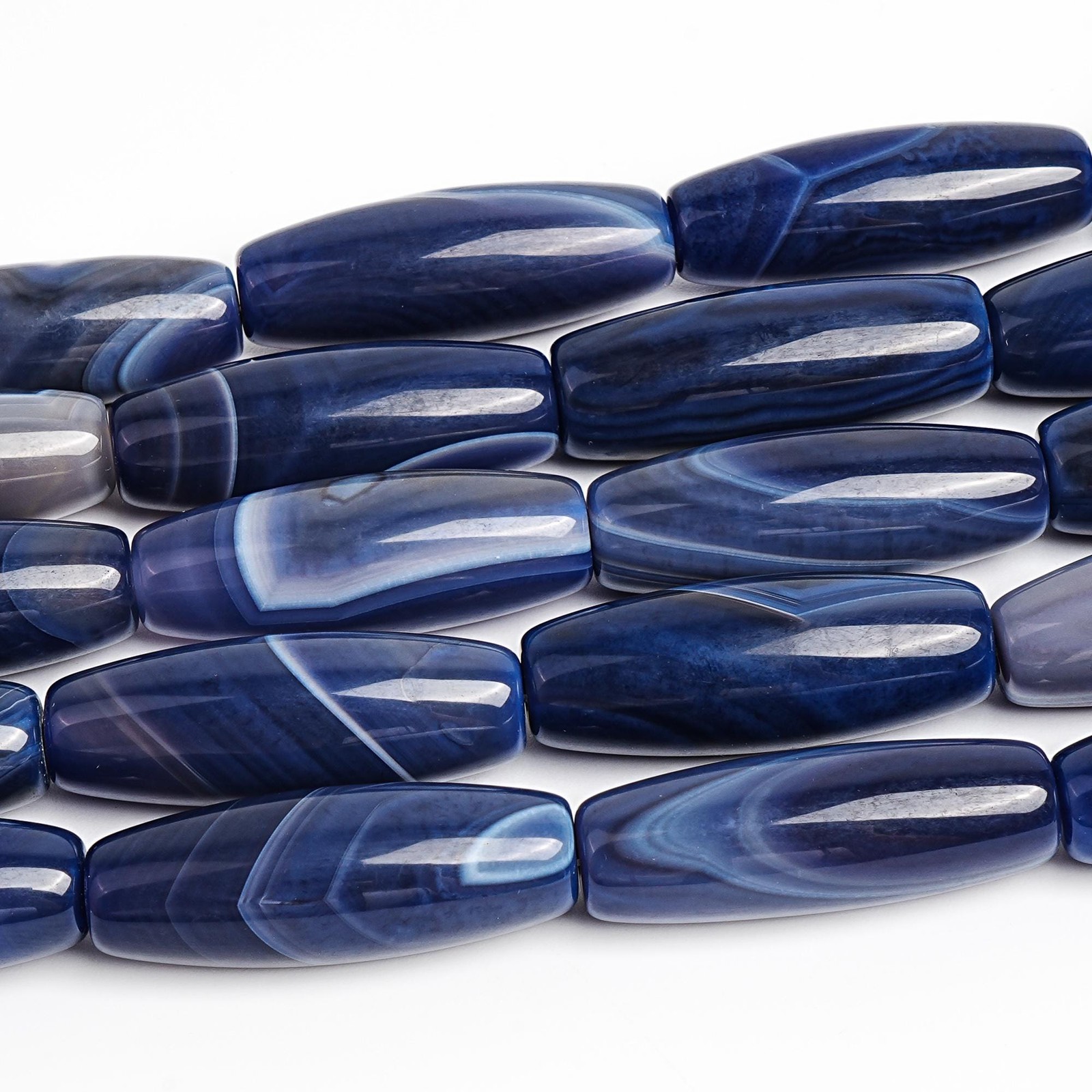 38X13MM Polished Blue Banded Agate Rice Beads Natural Striated Elongated Beads
