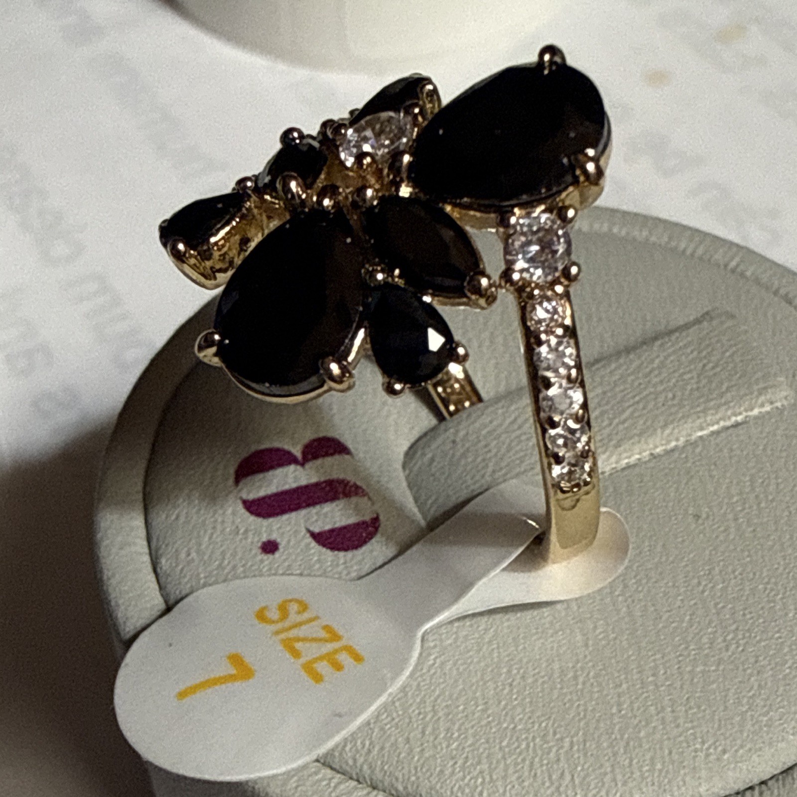 Threaded In Thought Gold Plated Black Onyx CZ Floral Cocktail Ring Sz 7 RG98945