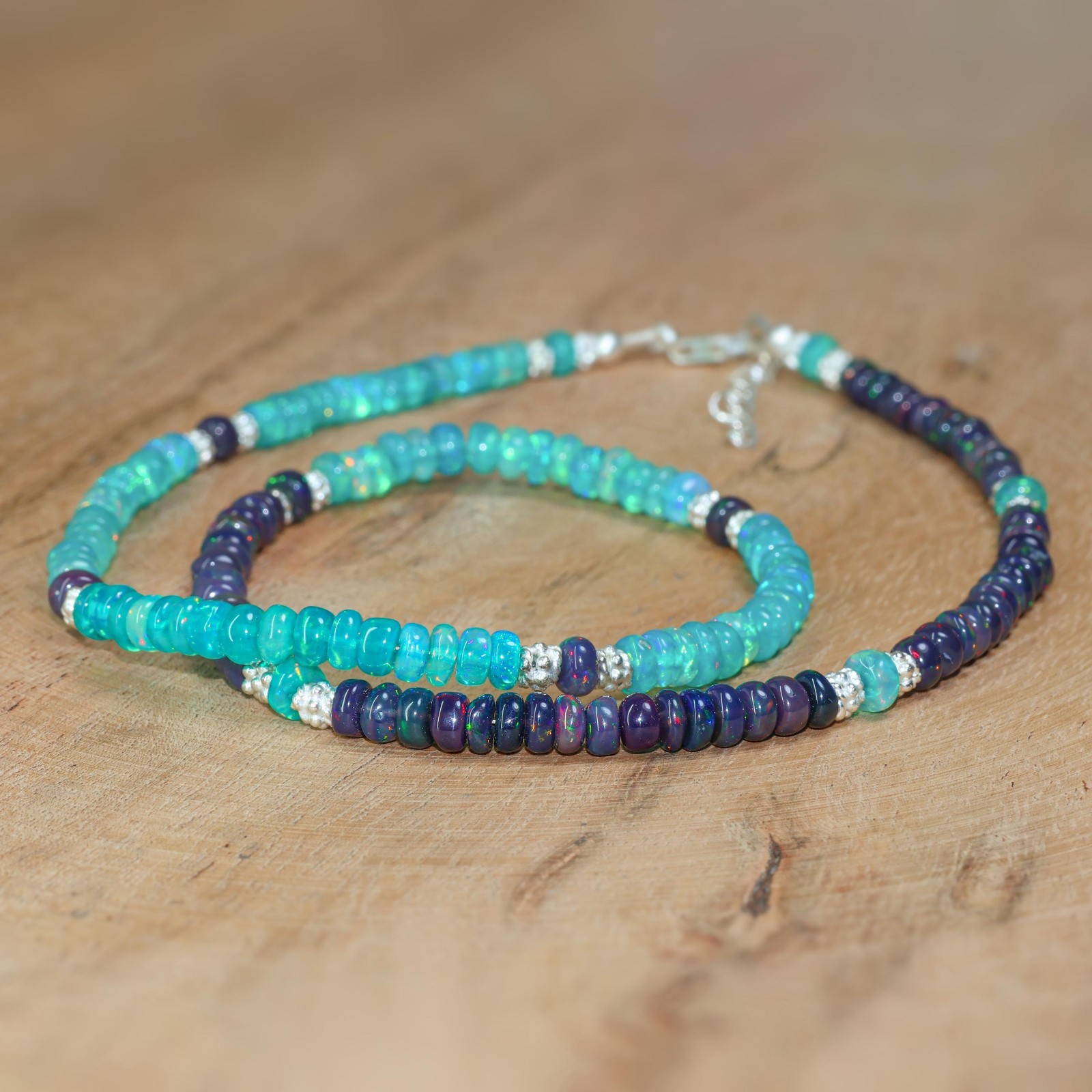 Green and Black Fire Opal Gemstone Beaded Necklace, Ethiopian Opal Gemstone