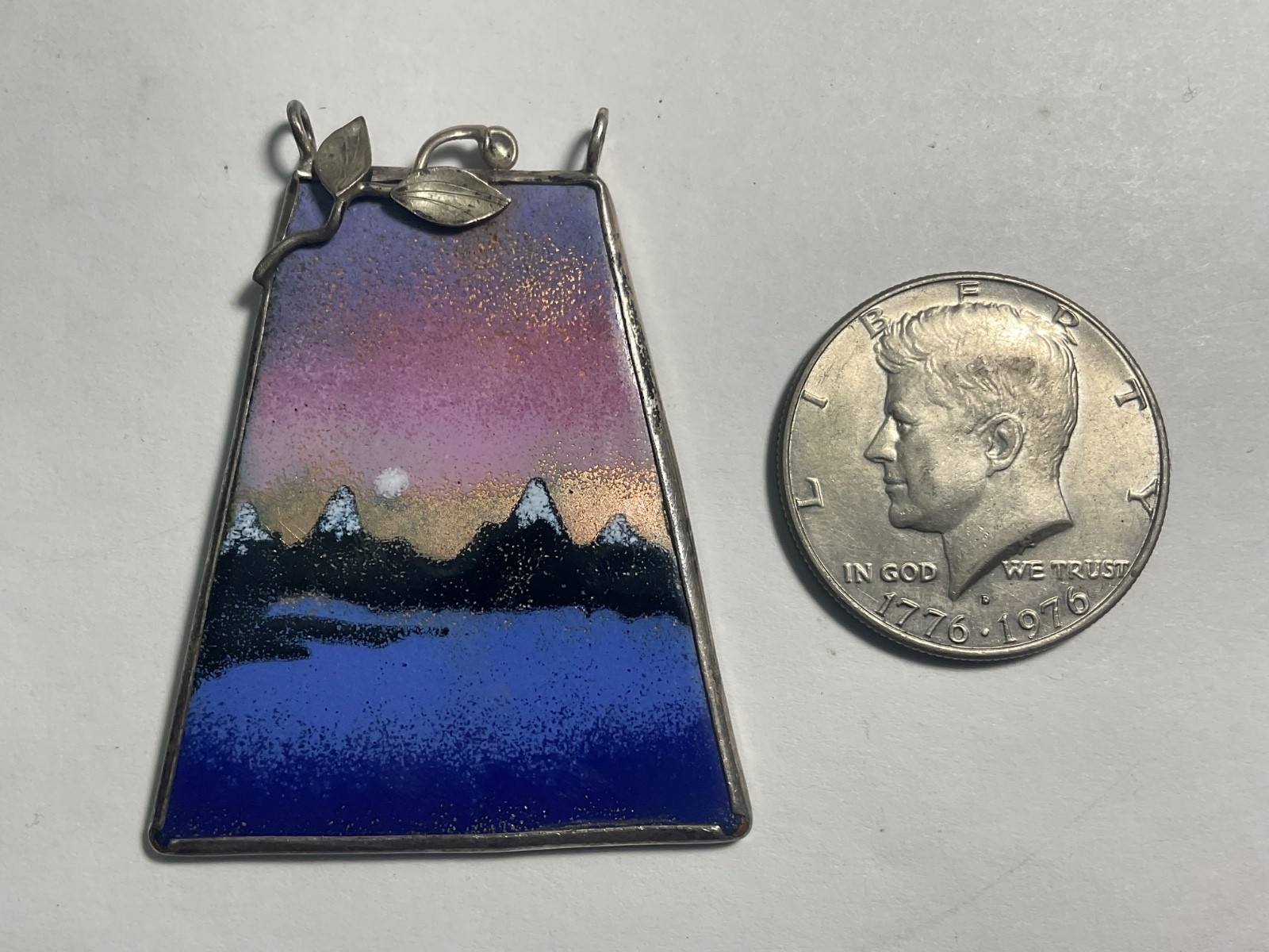 Rare Sterling Floral Mountain View Enamel Pendant Signed Rev. Kathleen Beauty