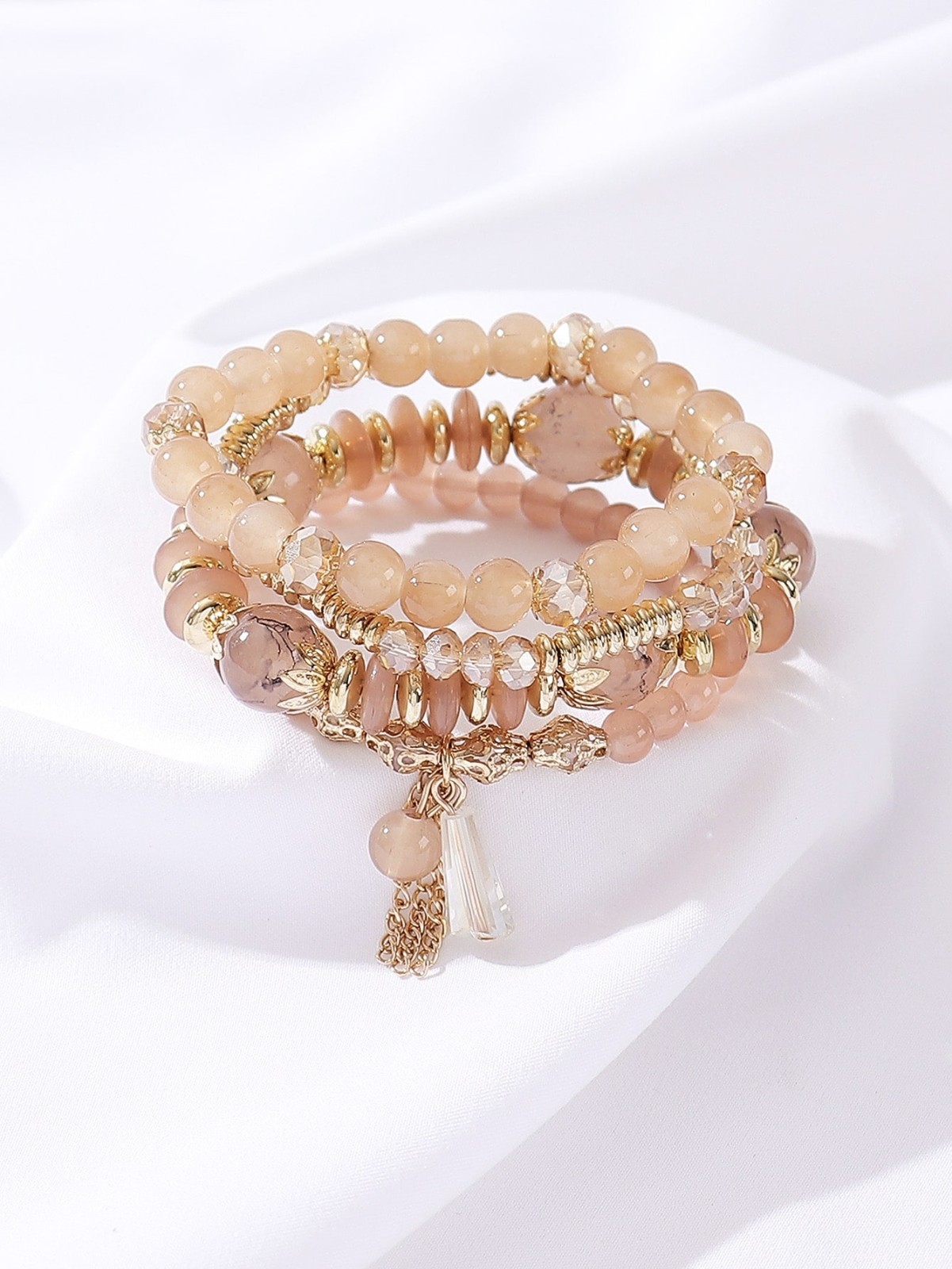 4PCS Bohemian Stackable Bracelets for Women Girls Gold Tone Beaded Stretch Charm