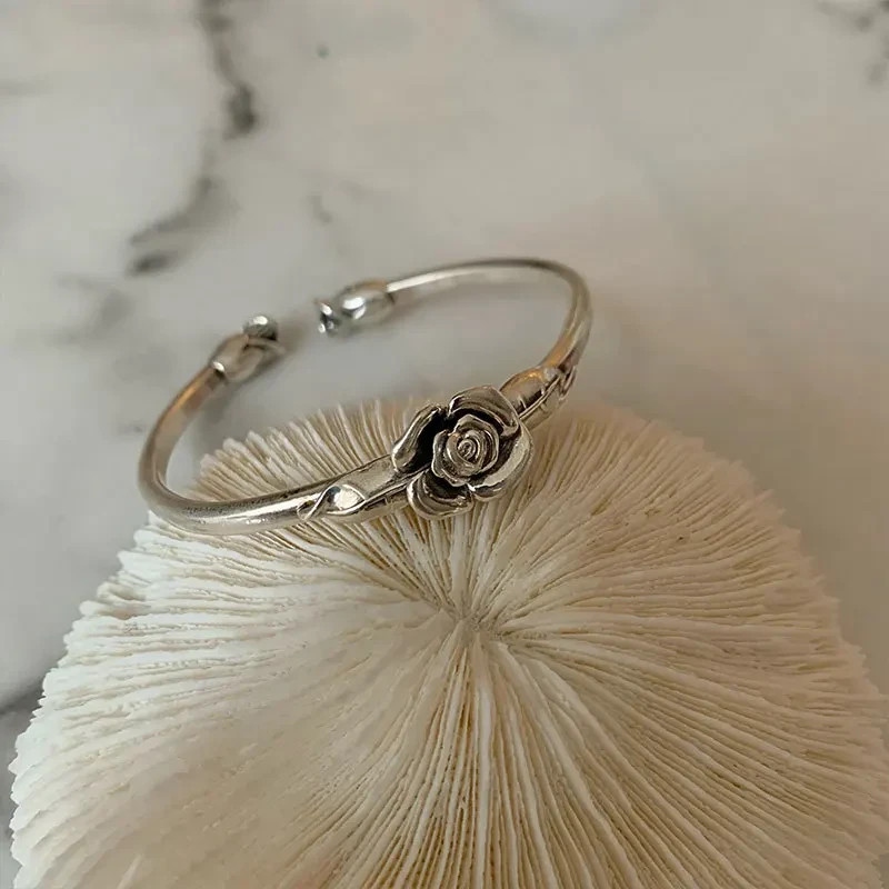 Vintage Flower Retro Rose Cuff Bangle 925 Sterling Silver Women Jewelry Bracelet
