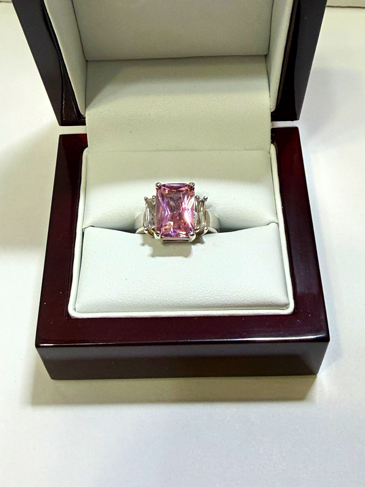 Pink Emerald-Cut Rectangle Stone Prong Set Silver Tone Cocktail Ring Sz 9